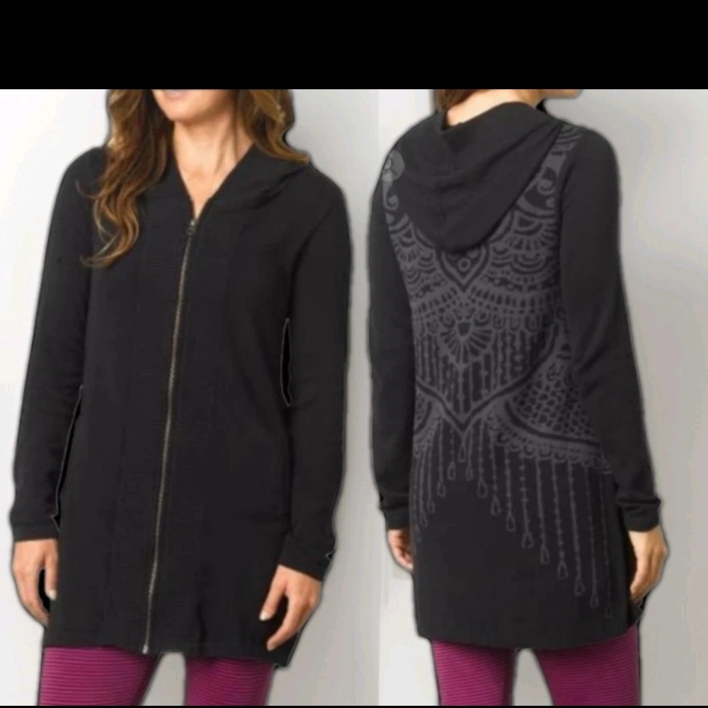 PrAna Misha Women's Black Duster Hoodie Zip Sweater Pockets Organic Cotton S 4-6